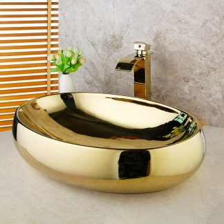 Polished Golden Ceramic Vessel Sink with Golden Plated Solid Brass Faucet